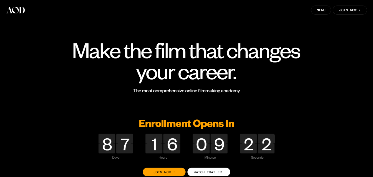 Film academy countdown website design example